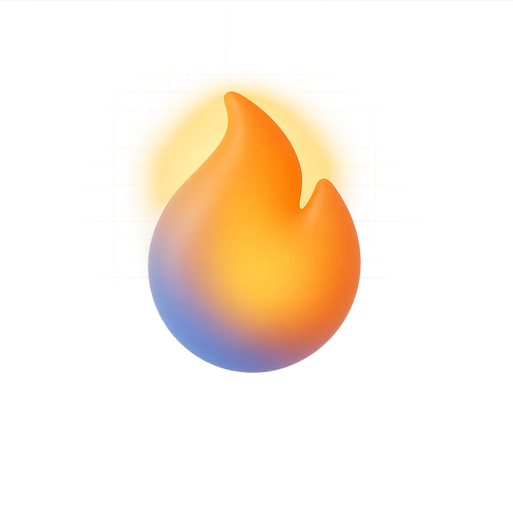 Icône 3D d’une flamme bleu-orangée stylisée, symbole de plaisir maîtrisé et d’énergie joyeuse.