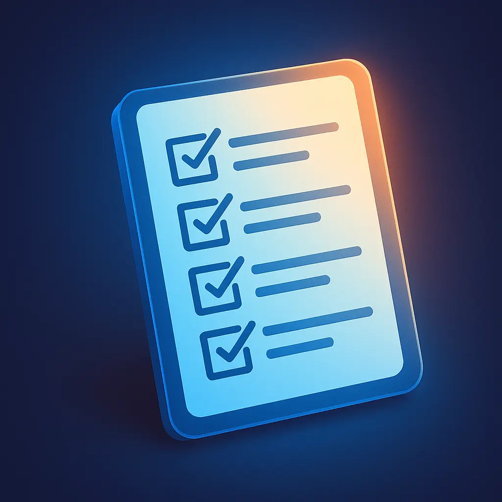 Checklist 3D avec halo bleu et orange, symbole de progression et d’entraînement à l’incertitude